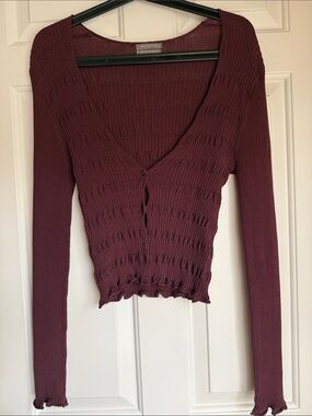 Urban Outfitters Wine Ribbed Button-Front Long-Sleeve Top